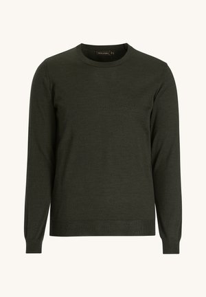 Mørkegrøn strikket trøje med rund halsudskæring, lange ærmer og ribbedekanter. Stofdetaljerne har en subtil struktur og letvægtsdesign.