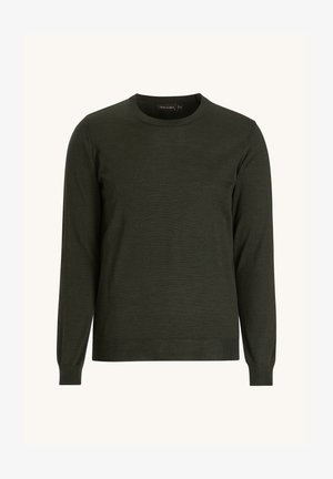 Ciemnozielony sweter dzianinowy z okrągłym dekoltem, długimi rękawami i ściągaczami na końcach. Tkanina ma delikatną fakturę oraz lekki fason.