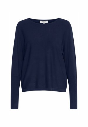 Marineblaue Langarmbluse mit weitem Rundhalsausschnitt, lockerer Passform und gerippten Bündchen. Weicher, leichter Stoff mit glatter Textur.