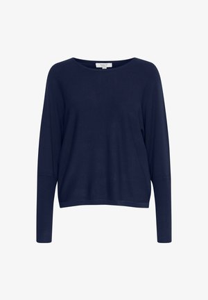 Tummansininen pitkähihaine paita leveällä pyöreällä kaula-auolla, rento malli ja ribbireunat. Pehmeää, kevyttä kangasta, jonka pinta on sileä.