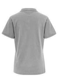 Grau poloshirt mit kragenförmigem Halsauschnitt und kurzen Ärmeln. Aus weichem Stoff gefertigt, bietet eine glatte Textur und ein schlichtes Design.