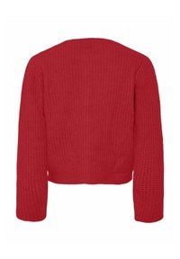 Röd stickad tröja med en kortad design, långa ärmar, strukturerad tyg och rundad halsringning, som visar upp ett ribbat mönster.