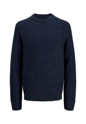 Marineblauer Strickpullover mit einem strukturierten Muster. Verfügt über einen Rundhalsausschnitt und gerippte Bündchen und Saum für Haltbarkeit und Wärme.