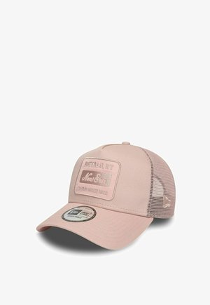 Light pink adjustable trucker cap with mesh back, front patch reading "Buffalo, NY New Era Established 1920," and New Era sticker on the brim.