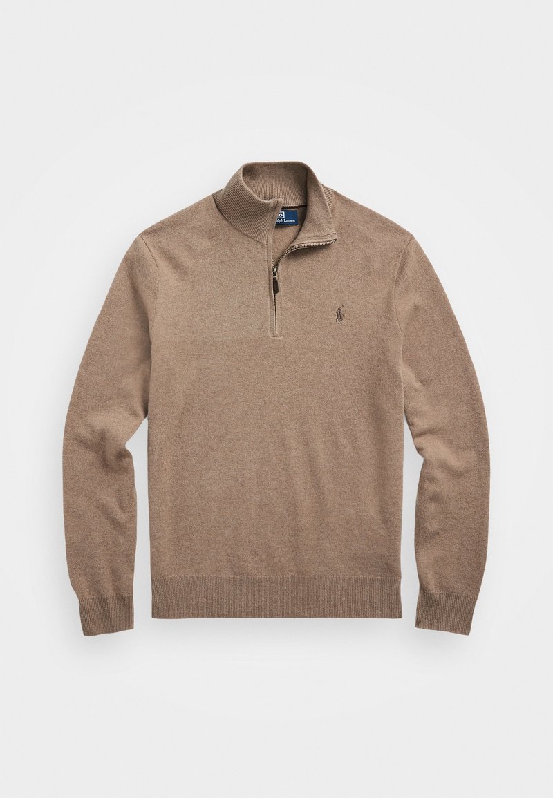 Beiger Pullover mit Viertel-Reißverschluss aus weichem Strickstoff. Verfügt über einen gerippten Kragen und Bündchen sowie ein kleines Logo auf der linken Brust.