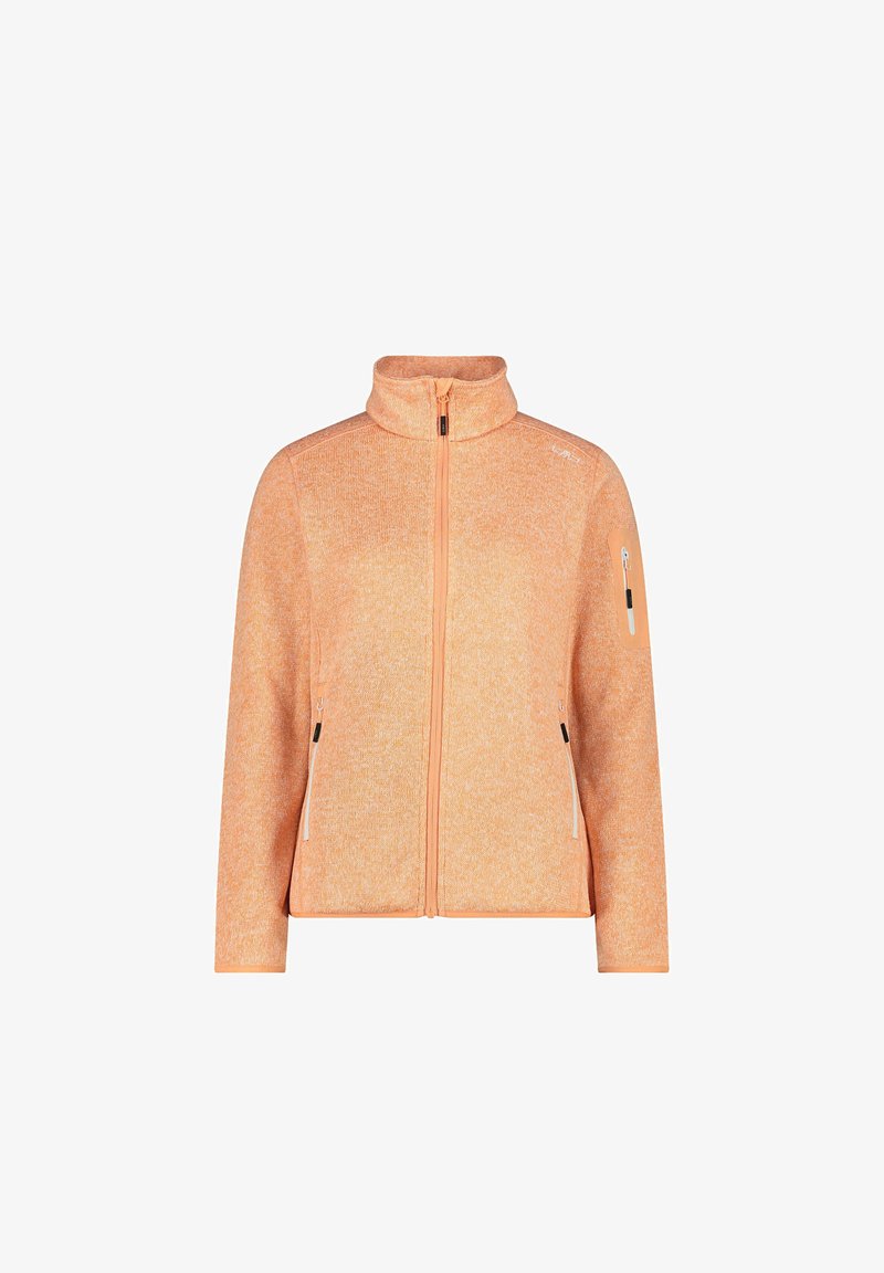 Orange fleece jacket with a high collar, zippered front, and two side pockets with black accents. Smooth texture, casual fit.