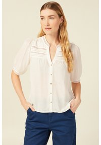 Blusa bianca con scollatura a bottoni, texture sottile, maniche corte a sbuffo e dettagli in pizzo decorativi sul davanti.