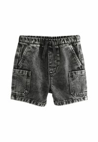Pantalones cortos de mezclilla negra con cintura elástica, cordón y dos bolsillos frontales. Presenta un lavado desgastado y detalles de costura visibles.
