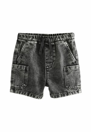 Pantalones cortos de mezclilla negra con cintura elástica, cordón y dos bolsillos frontales. Presenta un lavado desgastado y detalles de costura visibles.