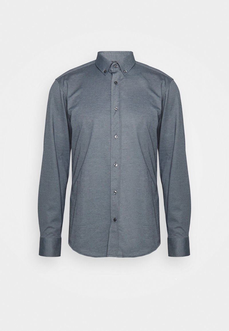 Camisa de botão de mangas longas em tecido cinza escuro, com colarinho, botões na frente e punhos. Textura suave com um design ajustado.