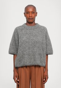 Femme avec la tête rasée portant un pull court en laine grise et ample à manches courtes, associé à un pantalon large marron taille haute, se tenant devant un fond blanc.