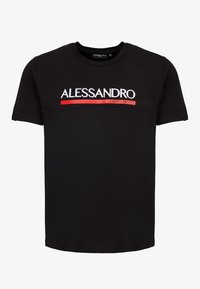 Camiseta de algodón negra con mangas cortas, que presenta un destacado logo impreso en blanco y rojo "ALESSANDRO ZAVETTI MILANO" en el pecho.