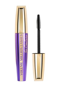 Purple mascara tube with gold accents, "Volume Million Lashes So Couture" text. Includes black brush with long, thin bristles for application.