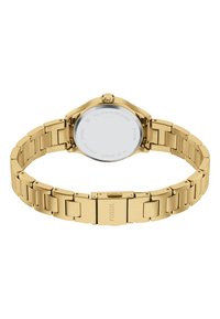 Orologio in acciaio inox dorato con cassa rotonda e bracciale liscio e lucido. Presenta un logo inciso sulla chiusura e un quadrante minimalista.