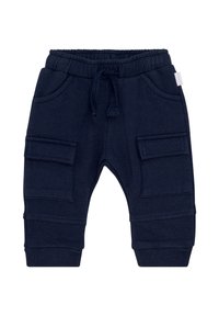 Marineblauwe sweatpants van zacht materiaal, met een elastische tailleband met trekkoord, zijzakken en geribbelde boorden.