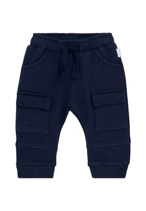 Marineblauwe sweatpants van zacht materiaal, met een elastische tailleband met trekkoord, zijzakken en geribbelde boorden.