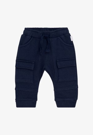 Navyblaue Sweatpants aus weichem Material, mit elastischem Bund und Kordelzug, seitlichen Taschen und gerippten Bündchen.