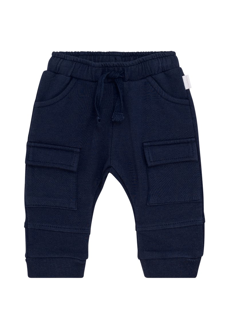 Marineblauwe sweatpants van zacht materiaal, met een elastische tailleband met trekkoord, zijzakken en geribbelde boorden.