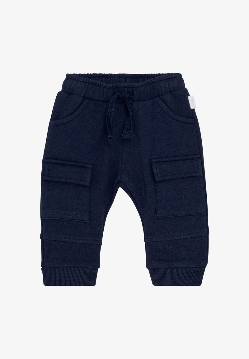 Marineblauwe sweatpants van zacht materiaal, met een elastische tailleband met trekkoord, zijzakken en geribbelde boorden.