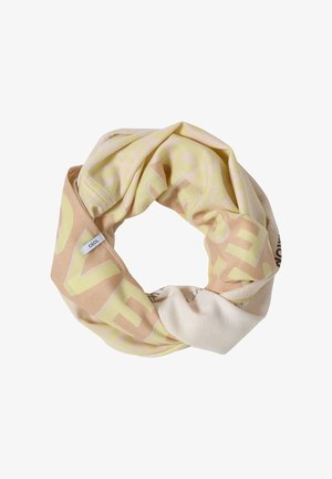 Écharpe circulaire en tissu doux, présentant un motif beige et jaune clair avec texte. Texture lisse et sans accents visibles.