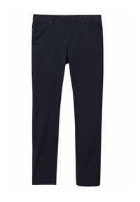 Donkerblauwe, katoenmix broek met een slim fit, met een klassieke vijf-pocketontwerp, subtiele stiksels en een metalen knoopsluiting.