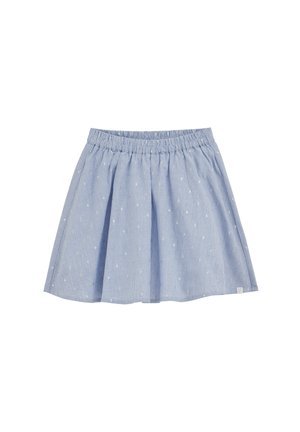 Jasnoniebieska spódnica z elastycznym pasem, ozdobiona subtelnymi białymi prążkami i małymi białymi haftowanymi kropkami, o rozkloszowanym kroju.