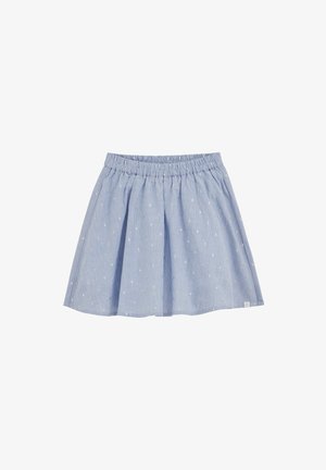 Világoskék elasztikus derékpántos szoknya, finom fehér tűcsíkokkal és apró hímzett fehér pöttyökkel, bővülő fazon.