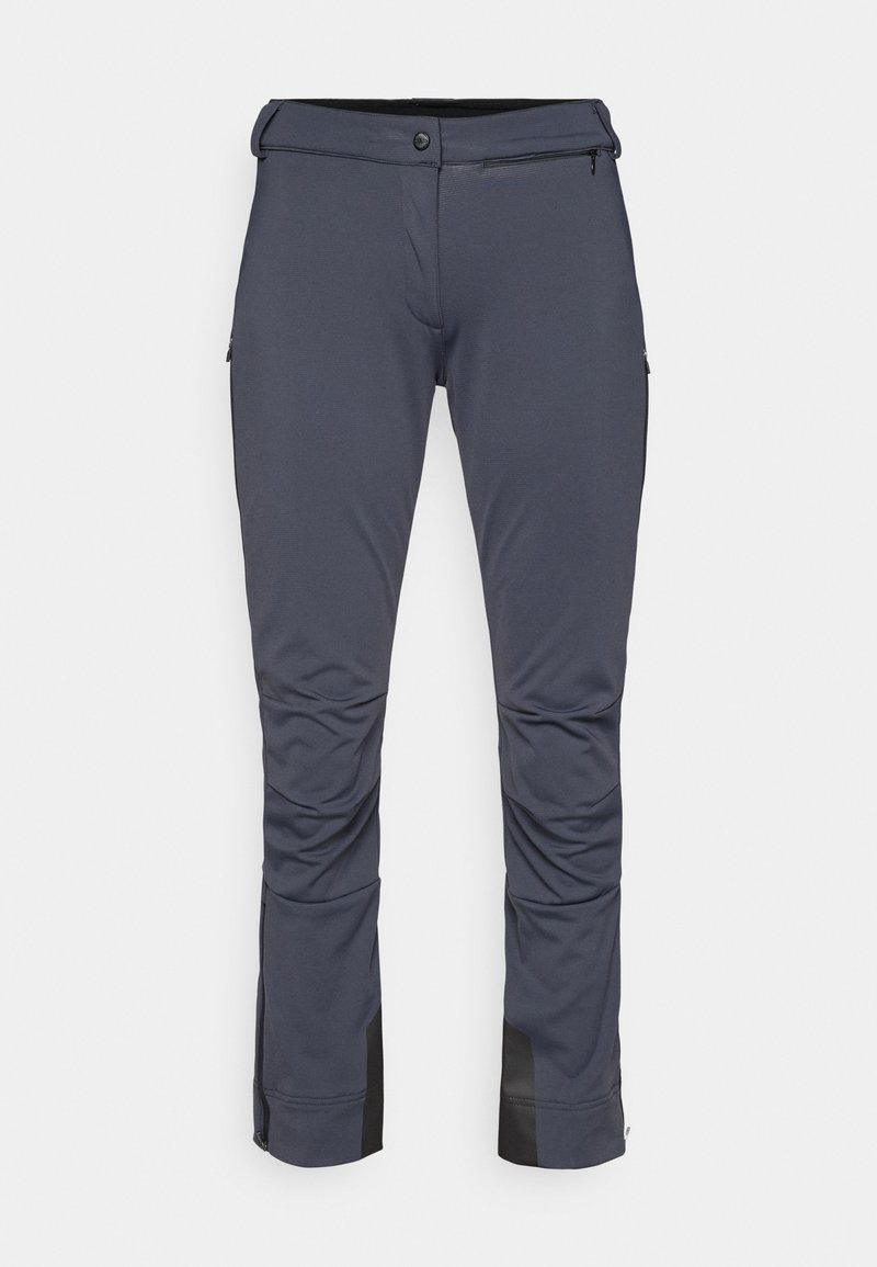 Pantaloni outdoor grigi dal design elegante, con una tasca con cerniera, accenti neri sui polsini, e tessuto testurizzato per maggiore flessibilità.