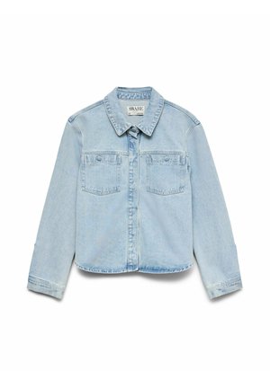 Jachetă din denim albastru deschis cu închidere cu nasturi în față, două buzunare cu clapetă pe piept, mâneci lungi și guler clasic.