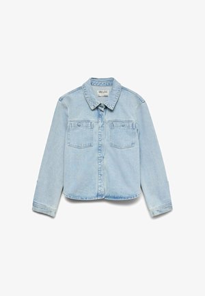 Jachetă din denim albastru deschis cu închidere cu nasturi în față, două buzunare cu clapetă pe piept, mâneci lungi și guler clasic.