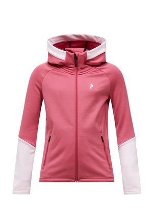 Rosa Kapuzenjacke mit durchgehendem Frontreißverschluss, weißen Bündchen, zwei seitlichen Reißverschlusstaschen und kleinem weißem Logo auf der Brust.