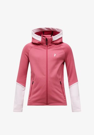 Rosa Kapuzenjacke mit durchgehendem Frontreißverschluss, weißen Bündchen, zwei seitlichen Reißverschlusstaschen und kleinem weißem Logo auf der Brust.