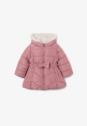 Rosa Puffer-Jacke mit Reißverschluss vorne, gefütterter Kapuze, tailliertem Gürtel und diagonaler Steppung. Mit seitlichen Taschen und einer Schleifenapplikation.