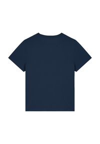T-shirt en coton bleu marine, manches courtes, col rond, design simple, couleur unie, texture douce, sans logos ni motifs visibles.