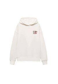 Felpa bianca con cappuccio realizzata in morbido tessuto, con orlo e polsini a costine. Testo decorativo rosso sulla parte anteriore.