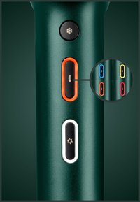 Primer plano de un dispositivo verde con botones que muestran un copo de nieve, temperatura y iconos de ventilador, además de un inserto circular que muestra botones en azul, amarillo, naranja y rojo.