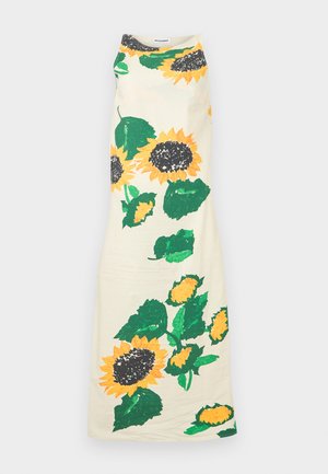 Αμάνικο μακρύ φόρεμα με μεγάλο κίτρινο ηλιοτρόπιο και εκτύπωση πράσινου φύλλου σε κρεμ φόντο, ψηλός λαιμός, ετικέτα Moschino στο εσωτερικό.