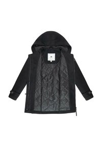 Svart huvjacka med vadderad foder, knäppning i ärmsluten och en slät yta. Har en tagg vid halsringningen och dragkedjor på sidorna.