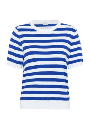 Suéter de manga corta a rayas azul y blanco con cuello redondo, textura de punto y puños y dobladillo acanalados.