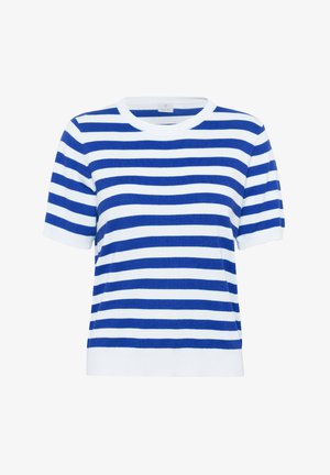 Mėlyna ir balta dryžuota trumpomis rankovėmis megztinis su apvaliu iškirpimu, megztos tekstūros, su gumuotais rankogaliais ir apačia.