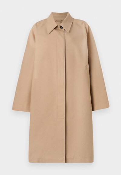 Beige long coat with a collared neckline, single button closure, loose sleeves, and side pockets. Smooth fabric and minimalist design.
