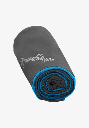 Rolled gray fabric blanket with blue stitching, featuring "HivamaShape" logo in white. Smooth texture, cylindrical shape, compact design.