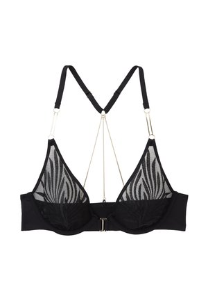 Reggiseno nero trasparente con ferretto, coppe in rete con motivo zebra, spalline regolabili e delicato dettaglio a catena dorata sul retro.