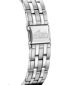 Bracelet de montre en métal argenté avec une finition lisse et polie. Présente des maillons entrelacés et un fermoir avec le logo "Lotus" gravé.