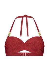 Bikini top v tmavě červené barvě, vyrobený z hladkého materiálu. Strukturované košíčky s vykrojeným středem, nastavitelné šňůrky a zlaté řetízkové detaily na ramínkách.