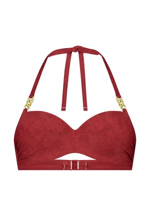 Bikini top v tmavě červené barvě, vyrobený z hladkého materiálu. Strukturované košíčky s vykrojeným středem, nastavitelné šňůrky a zlaté řetízkové detaily na ramínkách.