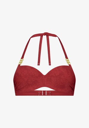 Bikini top v tmavě červené barvě, vyrobený z hladkého materiálu. Strukturované košíčky s vykrojeným středem, nastavitelné šňůrky a zlaté řetízkové detaily na ramínkách.