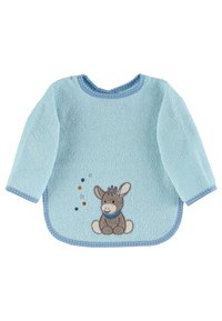 Light blue terry cloth long-sleeve top with a round neck, featuring an embroidered donkey design and colorful accents on the side.