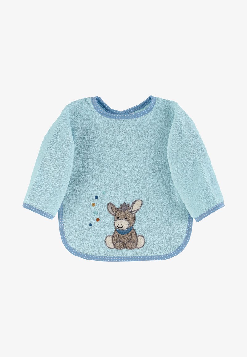 Light blue terry cloth long-sleeve top with a round neck, featuring an embroidered donkey design and colorful accents on the side.
