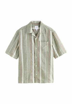 Krótka koszula z kołnierzykiem w jasnej zieleni z pionowymi paskami. Materiał ma fakturowany wzór, z brzoskwiniowymi, niebieskimi i kremowymi liniami oraz kieszenią.
